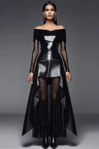 a fashion model wearing off shoulder top, skirt and boots,a woman in a long black skirt and top,gradient mesh,allude,fashion vector,a floor-length dress,dress walk black,black queen,dress form,torn dr