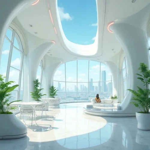 "Un espacio interior futurista con un diseño elegante y minimalista. El ambiente es luminoso con paredes blancas curvas y líneas suaves y fluidas en el techo. Grandes ventanales permiten la entrada de