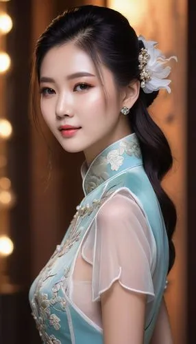 一个女孩
典雅古韵，长发飘逸，温柔笑容

旗袍装束，曼妙身姿，东方韵味

清新脱俗，淡雅妆容，秀外慧中

自然光下，肌肤如雪，柔和光影,the woman in a traditional chinese dress is posing for a picture,yifei,xiaoqing,jingqian,yangmei,xiaofei,hanbok,Photography,General,