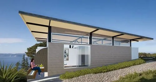 long bench with a woman reading,the house is made out of concrete and is sitting on rocks,smart house