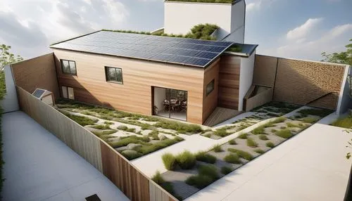 an interesting house with some green plants and a fire place,3d rendering,passivhaus,solarcity,landscape design sydney,cubic house,roof landscape,modern house,render,garden design sydney,smart house,s
