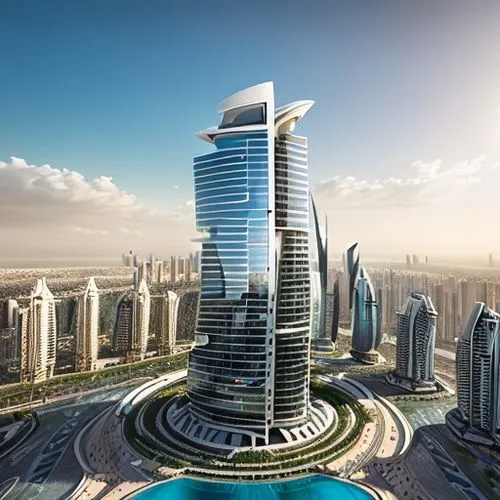 ZAHA HADID STYLE ARCHITECTURE, SKYSCRAPER BUILDING, WINDOWS FACADES, PURE STYLE ARCHITECTURE,  SUN FLASHING WINDOW, EAST SUN POSITION, WET LANDSCAPE,–AR 16:9 – QUALITY 5- CONTRASTED  RENDER, ADOBE COL