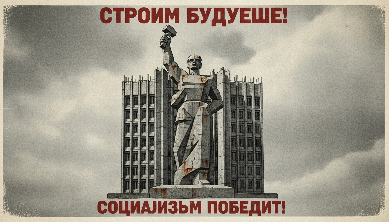 Un manifesto generato dall'IA in stile Brutalismo sovietico, con un imponente monumento in cemento e una tipografia rossa, audace e a blocchi.