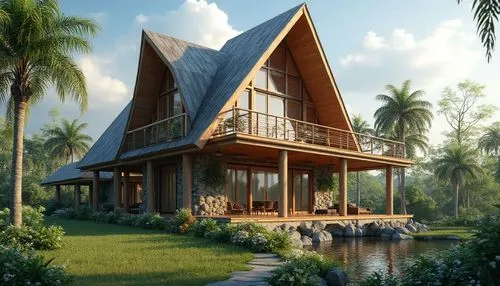A beautiful one-story modern tropical house with a steep pointed roof, elegant wooden balcony, large glass windows, spacious veranda, natural stone walls, surrounded by lush green garden and colorful 
