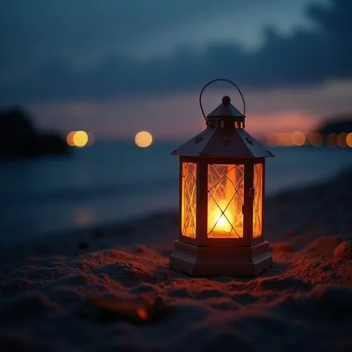 Close shot of a lit lantern on the beach during the sunset ,a lantern on a beach illuminated by the setting sun,illuminated lantern,vintage lantern,lantern,oriental lantern,lamplight,street lantern,sa