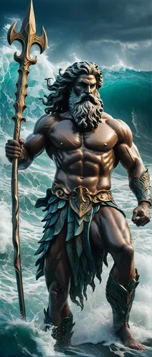 Realistic photo of the god Poseidon with his trident, emerging from the sea waves.,poseidon,sea god,poseidon god face,god of the sea,mergus,sea man,wind warrior,merman,el mar,neptune,barbarian,triton,