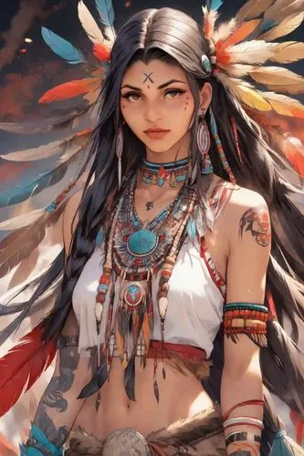 a person with many feathers in their head,warrior woman,pocahontas,american indian,native american,feather headdress,cherokee