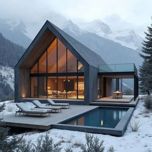 A hyper-realistic, high-resolution architectural photograph of a luxurious, alpine-style modern villa nestled in a mountainous landscape. The home features a prominent A-frame roof and is constructed