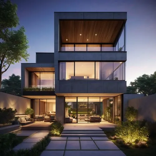  A sleek, photorealistic digital illustration or CGI render in a modern, minimalist style, depicting a two-story luxury home at dusk or early evening in a suburban neighborhood, illuminated by warm, g