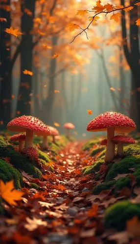 "Create a November wallpaper showing an autumn forest floor dotted with colorful mushrooms and fallen leaves. Use vibrant reds, browns, and greens to make the scene pop."










,two mushrooms are 