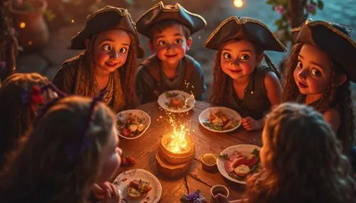 funny pirates makien fun,party, dancing,drinking for kids, cartoon stule in Cinematic Tones, with a focus on storytelling and emotional depth, using warm, earthy shades of bronze and purple to evoke a