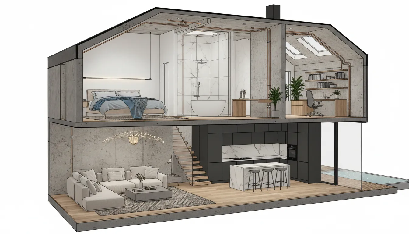 Una sezione architettonica molto dettagliata, generata dall'AI, di una casa moderna a due piani, che mostra mobili, illuminazione e texture.