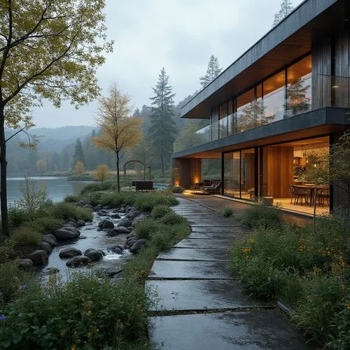 Rolling hills, serene lakeside, lush greenery, vibrant wildflowers, meandering walkways, rustic wooden benches, natural stone retaining walls, harmonious landscape integration, modern architecture ble