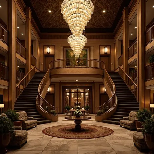 Luxurious Art Deco interior, ornate chandeliers, crystal droplets, bronze fixtures, geometric patterns, metallic accents, opulent textiles, velvet drapes, rich wood tones, marble floors, grand stairca