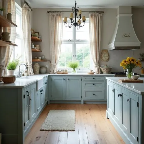 A serene indoor design emphasizing natural materials and a muted blue palette. The cabinetry in soft grey-blue tones is paired with rustic wooden flooring and a marble-textured island. A large window 