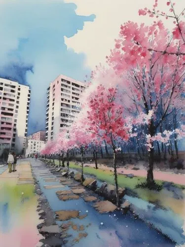 Акварель, сакура,there is a painting that appears to have pink trees,the cherry blossoms,cherry blossoms,cherry trees,cold cherry blossoms,cherry blossom tree-lined avenue,cherry blossom in the rain