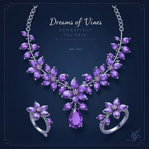 Design of a jewelry set with purple crystals in the shape of plum blossoms , in a silver and white style , with floral decoration , 90mm lens , e-commerce poster title "Dreams of Vines" , including a 