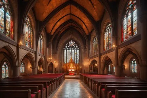 Gothic church, stunning stained glass windows, intricate stone carvings, grand entrance with wooden doors, elegant arches, vaulted ceilings, ornate chandeliers, pews with red velvet cushions, beautifu