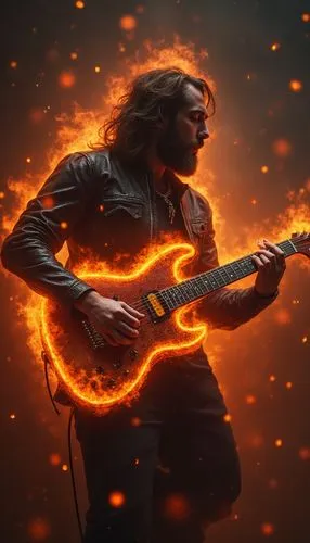 realistic guitarist plays with a burning guitar,a man holding a guitar in fire with his hands,guitar solo,virtuoso,guitar player,fire artist,guitarist,concert guitar,guitar,fiery,fire background,molte