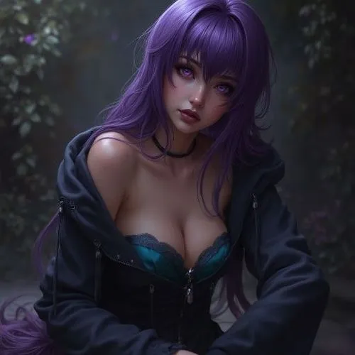 a bit more clothes. matching the color and fabric of what shes wearing,a fantasy image of a woman wearing an off the shoulder purple dress,violet,belladonna,violet head elf,purple wallpaper,veil purpl