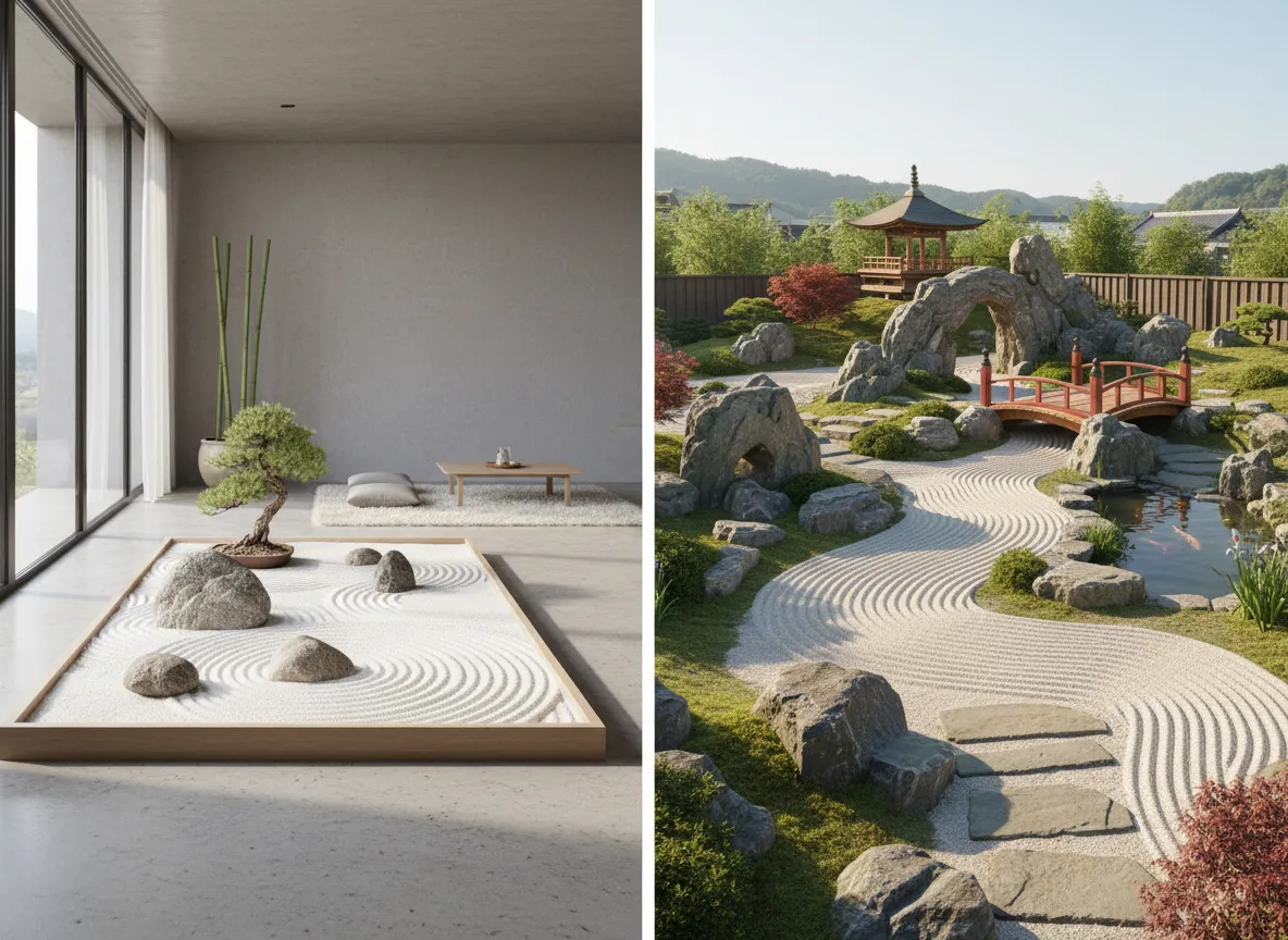 एक इनडोर ज़ेन गार्डन अवधारणा और एक विशाल बैकयार्ड ज़ेन गार्डन डिज़ाइन की পাশাপাশি तुलना, दोनों AI द्वारा बनाए गए।