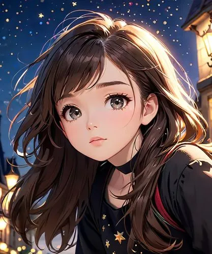 A close-up of an anime of Hailee Steinfeld in Paris, France. she wearing a black top and the sky is whit many stars , forming a tall star above his head. The black top contrasts with the dark backgrou