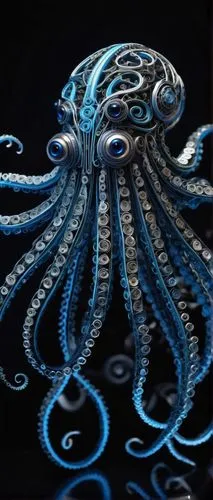 Octopus-like robot, mechanical tentacles, metallic suckers, glowing blue eyes, intricate circuitry details, silver chrome body, curved legs, powerful hydraulic system, underwater exploration, dark aby