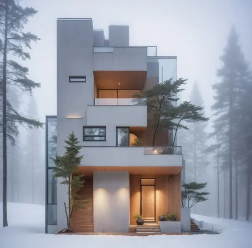 a building that is standing out in the snow,winter house,cubic house,modern house,snow house,house in mountains,dreamhouse,Photography,General,Realistic