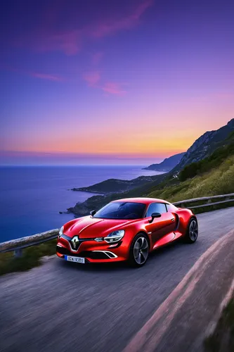 Imagine driving the Renault Alpine model on a winding coastal road at sunset.,mercedes-benz sl-class,mercedes-benz slk-class,mercedes sl,mclaren automotive,mercedes benz slr,mercedes benz amg gt s v8,