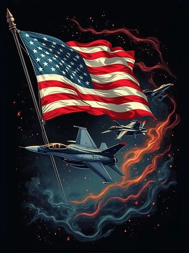 A patriotical t-shirt design featuring American fighter jets draws an American flag in the sky with smoke in the colors of the American flag . Vintage style. Black background,a drawing of an american 