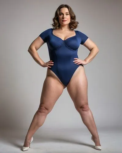 A domineering wife. She has fair skin and a large bust. Wearing a frumpy leotard. Curvy body and homely face. Her facial expression is arrogant and strict. Eye contact. Arms akimbo.

,plus-size model,