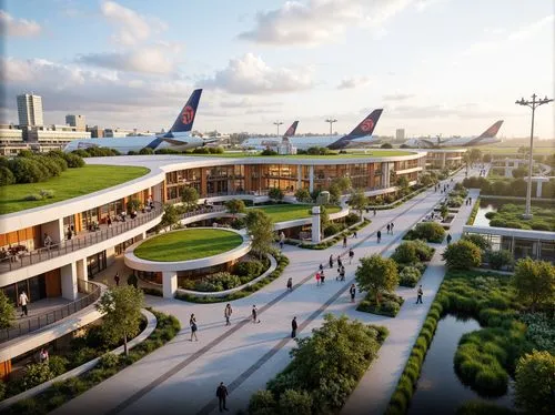 Airport terminal building, curved glass fa\u00e7ade, lush green roofs, natural ventilation systems, airy atriums, tropical plants, warm wooden accents, modern minimalist design, efficient wayfinding s