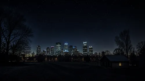 montréal, night, skyscrapers in the distance, dark park, eerie, many stars in the sky, small cabin
,a nighttime sky scene of the city skyline,winter night,city at night,city lights,city skyline,night 
