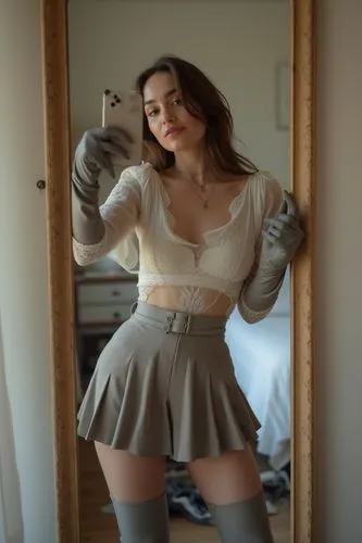 "A realistic, low-quality mirror selfie in a softly lit bedroom, featuring a young woman showing off her elegant and refined outfit to her boyfriend. She’s wearing a high-waisted pleated skirt in a ne
