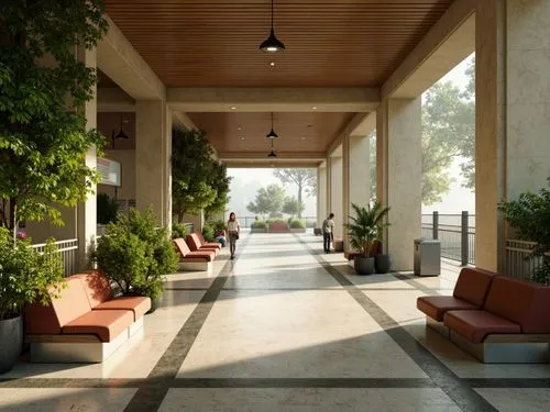 Soothing train station interior, calming Celadon color palette, soft warm lighting, comfortable seating areas, natural wood accents, subtle texture contrasts, earthy tone flooring, elegant metal raili