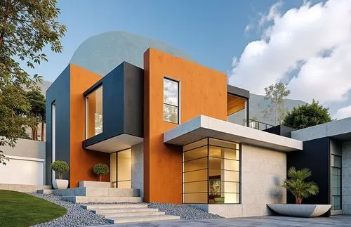 Render de una casa moderna de esquina con diseño geométrico contemporáneo. La estructura presenta volúmenes rectangulares en diferentes niveles, destacando un volumen revestido en un material de color