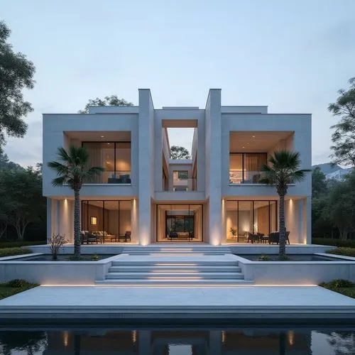A hyper-realistic, high-resolution architectural photograph capturing a grand, ultra-modern luxury mansion at twilight. The building’s façade is composed of smooth white stone panels contrasted with s