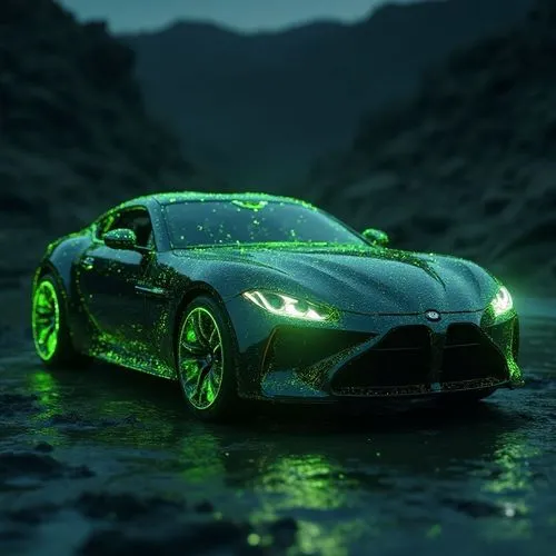 Create a photorealistic 3D render of a dark gray or black luxury sports car parked on a wet surface in a dim, rocky, or desert-like environment. The key feature is that the car is covered in vibrant, 