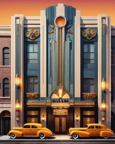 Art Deco building, 1940s architecture, ornate facade, geometric patterns, metallic materials, grand entrance, symmetrical composition, majestic columns, intricate details, vintage street lamps, urban 