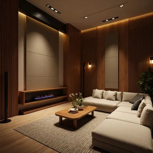 Luxurious interior space, high-performance acoustic panels, sound-absorbing materials, reverberation control, optimized speaker placement, premium finishes, rich wood tones, sleek metallic accents, so