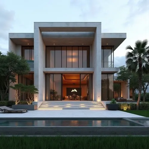 A hyper-realistic, high-resolution architectural photograph capturing a grand, ultra-modern luxury mansion at twilight. The building’s façade is composed of smooth white stone panels contrasted with s