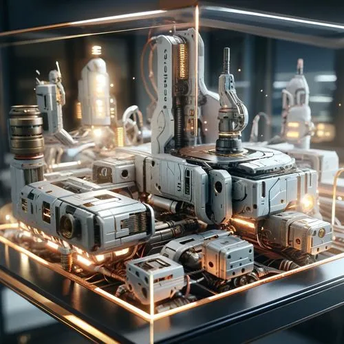a glass display case holding many robotic models,circuitry,circuit board,motherboards,motherboard,metropolis,modulator
