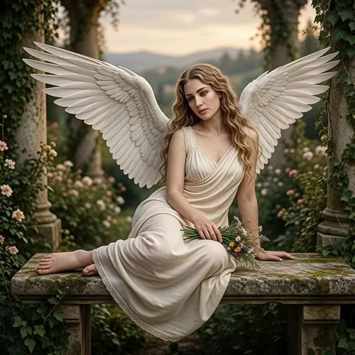 Create a photo realistic in William-Adolphe Bouguereau style of a beautiful adult female angel has a curved body, big plump breasts, white skin, natural blue eyes, and wearing simple lingerie. Realist