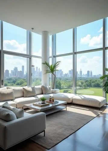 A luxurious penthouse living room with a breathtaking panoramic view. The space features an oversized U-shaped white sectional sofa with neutral-toned pillows and a textured area rug. A sleek coffee t