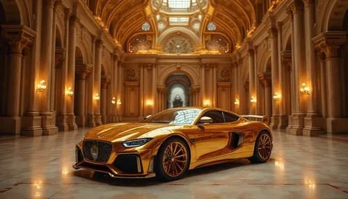 Golden luxury sports car in a majestic hall with intricate architecture.,a brown sports car sitting in a large building,gold paint stroke,gold lacquer,gold plated,gold colored,luxury sports car,car wa