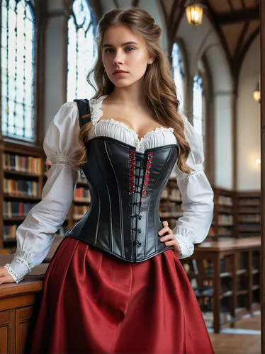 Ein bildhübsches fränkisches Mädchen, trägt fränkische Tracht, langer roter Rock, schwarzes Ledercorsette, enge white Bluse, 18 Jahre alt, perfekte weibliche Figur, lange Haare, schmale Taile, kurzer 