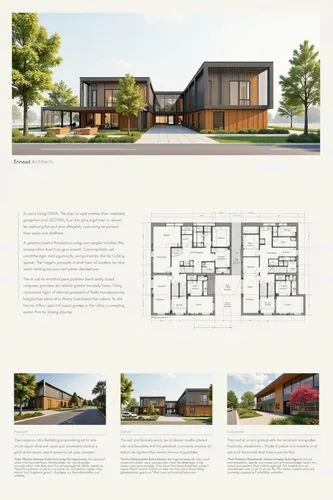 A professional architectural presentation board with a Pure background and a clean, minimalist design layout. The board includes:

Top Section: On the top left, a photorealistic render of a contempora