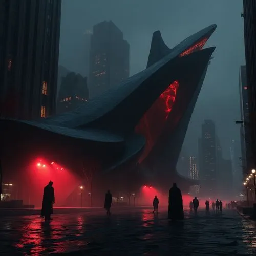  "Design a futuristic, bold, and dynamic building for Batman set in Gotham City at night, inspired by the architectural style of Zaha Hadid. The structure should feature flowing, organic forms, sharp 