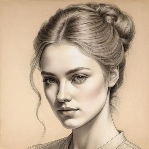 A highly detailed, realistic pencil or charcoal drawing on a warm beige paper background, depicting a youthful, elegant young woman in a classic portrait style, rendered with fine lines, cross-hatchin
