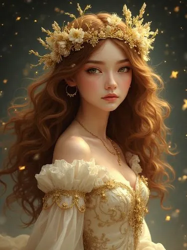 Photorealistic illustration of a brown-haired woman with a floral gold crown, in gold and white attire, on a starry background, fantasy baroque style, evoking Mucha,,a close up of a woman with long ha